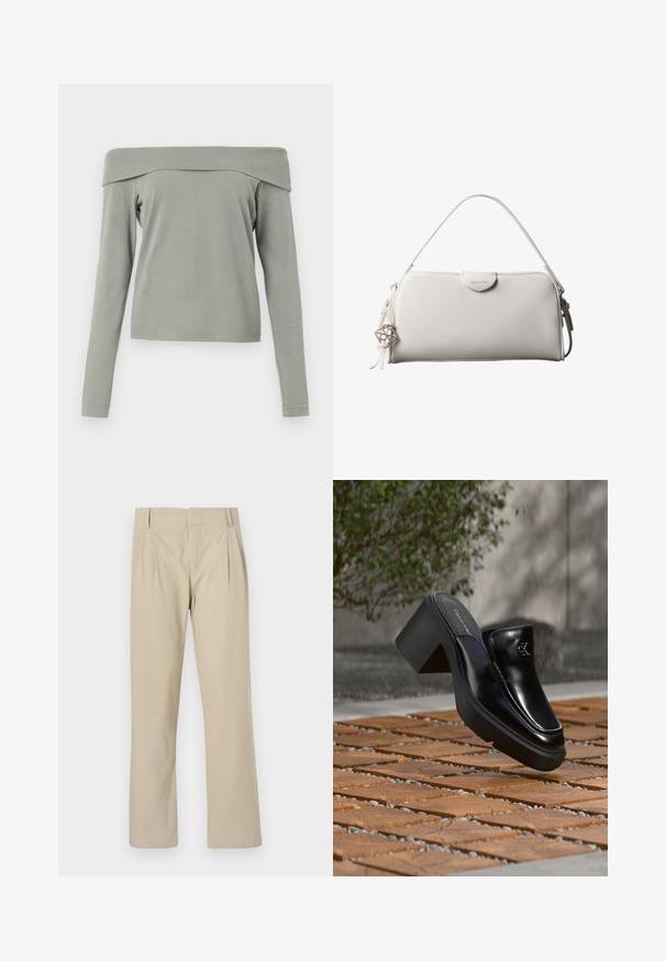 Top de manga larga con los hombros al descubierto en tela de color verde claro. Textura suave con un corte relajado y un detalle de costura mínima en el dobladillo y las mangas.; Pantalones de pierna ancha beige hechos de una mezcla de algodón; presentan pliegues en la parte frontal, corte recto y presillas para cinturón. Textura suave, sin patrones.; Mule tipo slip-on de cuero negro de Calvin Klein con tacón de bloque descansando sobre baldosas de madera al aire libre cerca de una planta verde y una pared gris.; Bolso rectangular blanco de Calvin Klein con un solo asa, diseño minimalista y borlas decorativas con un charm metálico geométrico en el lateral.