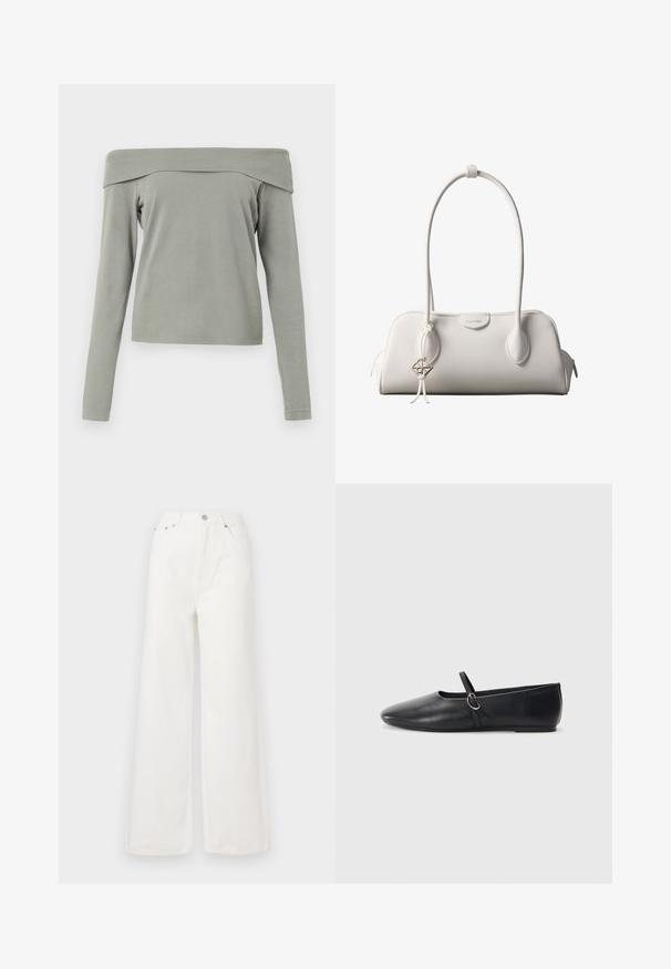 Top de manga larga con los hombros al descubierto en tela de color verde claro. Textura suave con un corte relajado y un detalle de costura mínima en el dobladillo y las mangas.; Jeans de mezclilla de cintura alta y pierna ancha en color blanco. Cuenta con bolsillos delanteros, un cierre de botón y detalles de dobladillo deshilachado.; Bailarinas de cuero negro con punta afilada, suela plana y una pequeña correa con detalle de hebilla plateada.; Bolso de hombro blanco de Calvin Klein con asas largas, forma rectangular, cierre de cremallera y charm decorativo con el logo colgando cerca del asa.