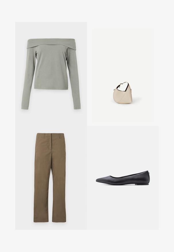 Top de manga larga con los hombros al descubierto en tela de color verde claro. Textura suave con un corte relajado y un detalle de costura mínima en el dobladillo y las mangas.; Pantalones rectos marrones hechos de una mezcla de algodón. Cuentan con passantes para cinturón, un bolsillo frontal y una textura suave sin patrones.; Zapato plano de cuero negro con punta puntiaguda y tacón bajo, mostrado de perfil contra un fondo blanco.; Bolso de cuero beige en forma de media luna con una sola correa para el hombro y costuras mínimas, colocado sobre un fondo blanco liso.
