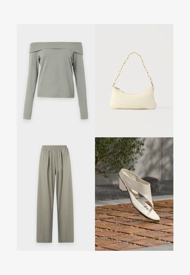 Top de manga larga con los hombros al descubierto en tela de color verde claro. Textura suave con un corte relajado y un detalle de costura mínima en el dobladillo y las mangas.; Pantalones de pierna ancha de tiro alto en un tono gris claro, con cintura elástica y pliegues en la parte delantera.; Sandalia de tacón de cuero blanco con una tira ancha y separador de dedos, mostrada al aire libre sobre una superficie de madera y baldosas de grava con vegetación al fondo.; Bolso pequeño de color crema con forma curva y asa de cadena trenzada en tono dorado, cierre con cremallera en la parte superior