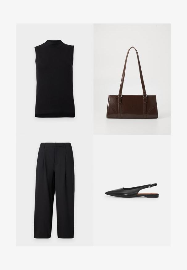 Débardeur noir sans manches avec un col montant, fabriqué en tissu lisse et extensible, présenté sur un fond blanc uni.; Pantalon noir avec une coupe décontractée, devant plissé, taille plate et texture lisse. Coupé à une longueur raccourcie, adapté pour un usage formel ou décontracté.; Chaussure slingback en cuir noir avec un bout pointu, un léger éclat et une bride de cheville réglable. Talon plat avec une semelle intérieure marron.; Sac à main en cuir verni marron de forme rectangulaire, avec deux longues poignées et des accents courbés subtils à l'avant.