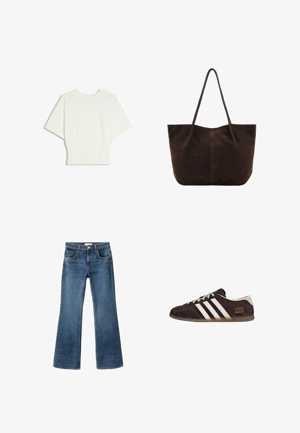 Hvid kortærmet tætsiddende top med rund halsudskæring og let udvidede ærmer, vist på en ensfarvet hvid baggrund.; Blå denim jeans med flared ben, mellem høj talje, fem lommer og en slidteknik. Afsluttede kanter og klassisk knaplukning.; Brune ruskindssneakers med tre hvide striber, gummisål og tekstlabel med ordene "Gazelle" i guld. Snørebåndsdesign med grå snørebånd.; Mørkebrun ruskind shopper med tynde skulderstropper og et enkelt, ubemærket design på en hvid baggrund.
