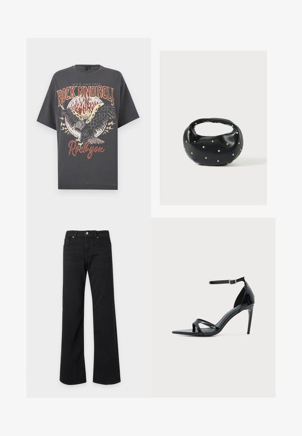 Σκούρο γκρι T-shirt με φλόγινο κύκλο, γραφικό ιπτάμενου αετού και κείμενο «Wild and Free Rock and Roll Rock you» σε vintage στυλ.; Μαύρο τζιν ψηλόμεσο με ίσια και φαρδιά πόδια, μπροστινές τσέπες, θηλιές για ζώνη και κούμπωμα με μεταλλικό κουμπί σε λευκό φόντο.; Μαύρο σανδάλι με τακούνι από δερμάτινο πατέντα, λεπτό λουράκι στον αστράγαλο, ανοιχτή μύτη και μινιμαλιστικό σχεδιασμό σε απλό ανοιχτό φόντο.; Μαύρη δερμάτινη τσάντα χειρός με στρογγυλεμένο σχήμα, διακοσμημένη με ασημένιες λεπτομέρειες με καρφιά και κοντή λαβή. Λείο υλικό και κλείσιμο με φερμουάρ.
