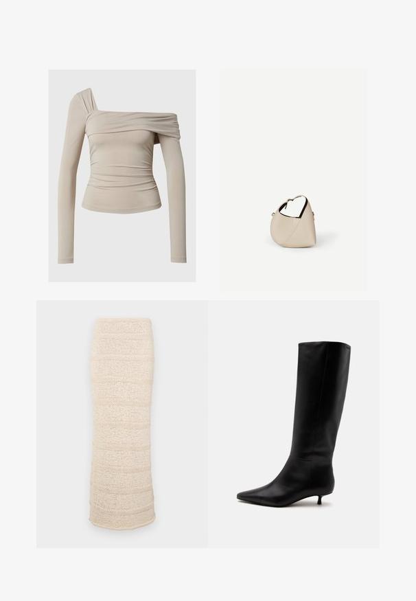 Top de manga larga beige con un diseño sin hombros, que presenta una textura fruncida y una silueta ajustada. Tela suave y elástica.; Falda midi de punto en beige claro con franjas texturizadas horizontales. Silueta ajustada, tela suave y un dobladillo ligeramente abierto en la parte inferior.; Bota alta de cuero negro hasta la rodilla con puntera puntiaguda y tacón bajo tipo kitten sobre un fondo claro y liso.; Bolso de cuero beige en forma de media luna con una sola correa para el hombro y costuras mínimas, colocado sobre un fondo blanco liso.