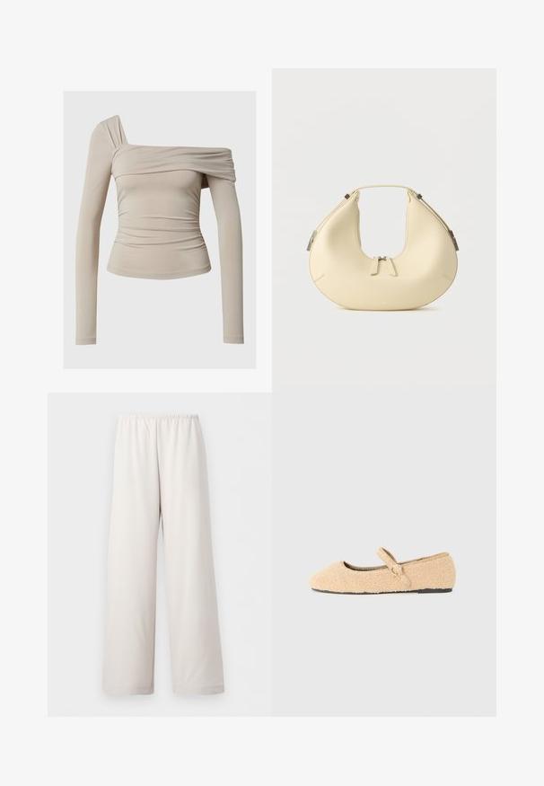 Top de manga larga beige con un diseño sin hombros, que presenta una textura fruncida y una silueta ajustada. Tela suave y elástica.; Pantalones beige crema de corte holgado con cintura elástica y piernas anchas rectas, mostrados sobre fondo blanco liso.; Zapato plano Mary Jane de color beige, esponjoso, con punta redondeada, correa ajustable con hebilla circular y suela negra sobre fondo blanco.; Bolso beige en forma de media luna con cierre de doble cremallera y asa corta, con detalles de herrajes plateados en los lados.