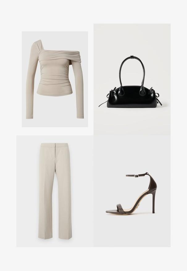 Μπεζ μπλούζα με μακριά μανίκια και σχέδιο off-the-shoulder, που διαθέτει ρυχά υφή και κομψή σιλουέτα. Λείο, ελαστικό ύφασμα.; Μπεζ παντελόνι ίσιου σχεδίου με επίπεδο μπροστινό μέρος και χωρίς ορατές μεταλλικές λεπτομέρειες ή σχέδια. Φτιαγμένο από λείο ύφασμα, με καθαρή κοπή.; Καφέ ψηλοτάκουνα σανδάλια με λεπτό λουράκι στον αστράγαλο και επίπεδο λουράκι στο δάχτυλο. Λείο δερμάτινο υλικό με μυτερή μύτη και σχέδιο στιλέτο στο τακούνι.; Μικρή μαύρη γυαλιστερή τσάντα με δύο μακριές λαβές και λεπτομέρειες με ρυθμιζόμενο κορδόνι στο πλάι σε απλό ανοιχτό φόντο.