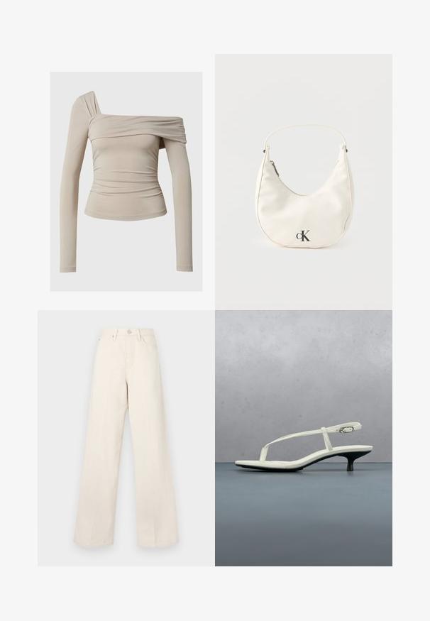 Μπεζ μπλούζα με μακριά μανίκια και σχέδιο off-the-shoulder, που διαθέτει ρυχά υφή και κομψή σιλουέτα. Λείο, ελαστικό ύφασμα.; Μπεζ παντελόνια με φαρδιά γραμμή και ψηλή μέση, κατασκευασμένα από μαλακό, υφασμάτινο υλικό. Διαθέτουν κλείσιμο με κουμπί και μπροστινές τσέπες για λειτουργικότητα.; Λευκό σανδάλι με λουράκια και τακούνι kitten, με μυτερή μύτη, αιωρούμενο πάνω από ξύλινο πλακάκι σε εξωτερικό χώρο με θολό φόντο από φυτό και τοίχο.; Μικρή λευκή τσάντα σε σχήμα ημισελήνου με κοντό λουράκι, κλείσιμο με φερμουάρ και μαύρο λογότυπο "cK" μπροστά.