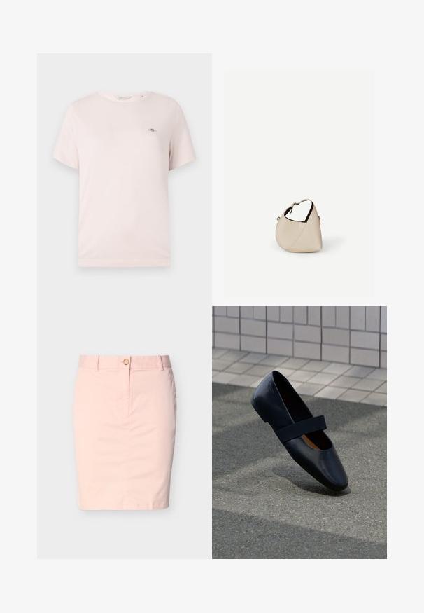 T-shirt en coton rose clair avec col rond, manches courtes et petit logo sur la poitrine. Texture lisse, design décontracté.; Jupe crayon rose clair longueur genou avec passants de ceinture et fermeture avant à boutons sur fond blanc uni.; Chaussure plate en cuir noir avec un bout arrondi, dotée d'une douce sangle élastique noire sur le cou-de-pied. Texture lisse et design minimaliste.; Sac à main en cuir beige en forme de croissant avec une seule bandoulière et des coutures minimalistes, posé sur un fond blanc uni.
