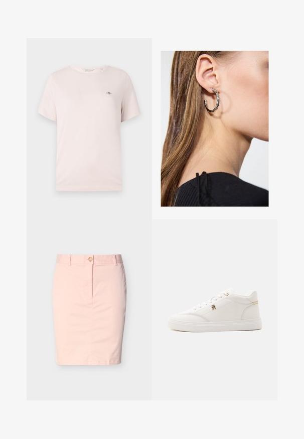 T-shirt en coton rose clair avec col rond, manches courtes et petit logo sur la poitrine. Texture lisse, design décontracté.; Jupe crayon rose clair longueur genou avec passants de ceinture et fermeture avant à boutons sur fond blanc uni.; Baskets basses blanches avec œillets dorés, logo doré sur le côté et col rembourré, présentées de profil sur fond blanc.; Boucle d'oreille en argent avec une finition polie, présentant de petits détails en or et de forme ronde, portée sur le lobe.