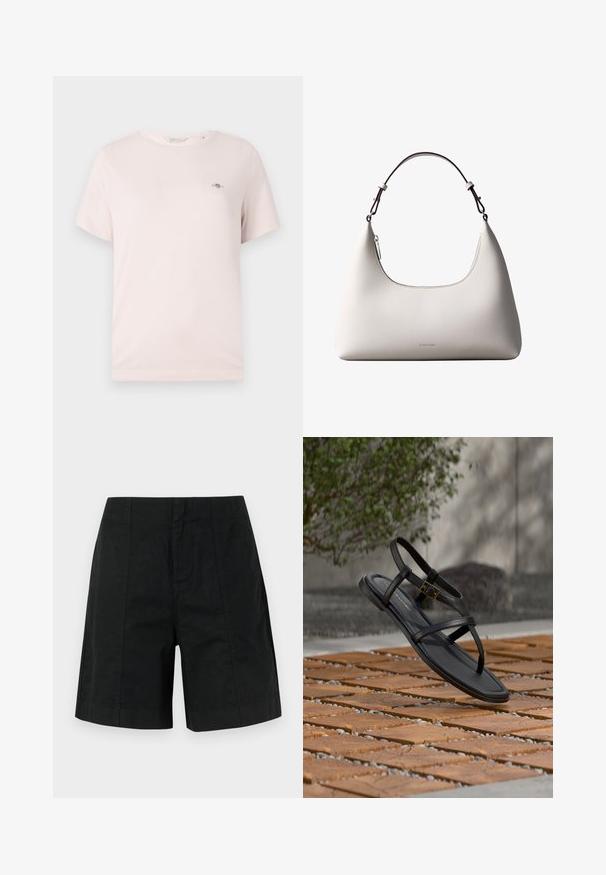 T-shirt en coton rose clair avec col rond, manches courtes et petit logo sur la poitrine. Texture lisse, design décontracté.; Shorts noirs ajustés en tissu léger, dotés d'un design structuré avec des rayures verticales et un ourlet droit. Aucune poche visible.; Sandale plate noire à lanières avec boucle dorée flottant au-dessus d'un sol à motifs de briques et de galets, à l'extérieur près de la verdure.; Sac à bandoulière en cuir couleur crème de Calvin Klein avec bord supérieur incurvé, fermeture éclair argentée et sangle ajustable brun foncé.