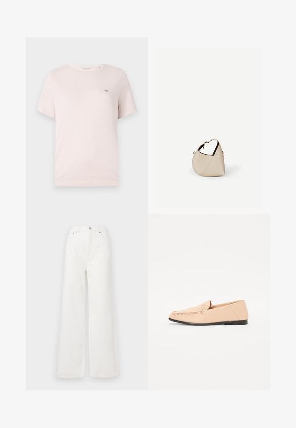 T-shirt en coton rose clair avec col rond, manches courtes et petit logo sur la poitrine. Texture lisse, design décontracté.; Jeans large à taille haute blancs en denim. Comprend des poches avant, une fermeture à bouton et des détails d'ourlet effiloché.; Mocassins en cuir beige avec des détails brodés, une semelle noire plate et un bout arrondi. Design minimaliste sans quincaillerie ou accents visibles.; Sac à main en cuir beige en forme de croissant avec une seule bandoulière et des coutures minimalistes, posé sur un fond blanc uni.