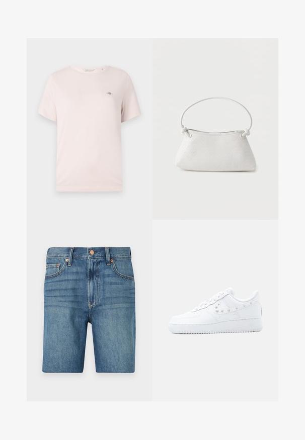 T-shirt en coton rose clair avec col rond, manches courtes et petit logo sur la poitrine. Texture lisse, design décontracté.; Shorts en denim bleu clair, présentant une coupe classique, cinq poches et des accents cuivrés pour le contraste. Tissu texturé de poids moyen.; Baskets blanches Nike Air Force 1 avec détail Swoosh clouté et semelle épaisse, présentées sur un fond uni gris clair.; Sac à main en cuir tressé blanc avec poignée arrondie et extrémités de lanière nouées, présenté sur un fond uni.