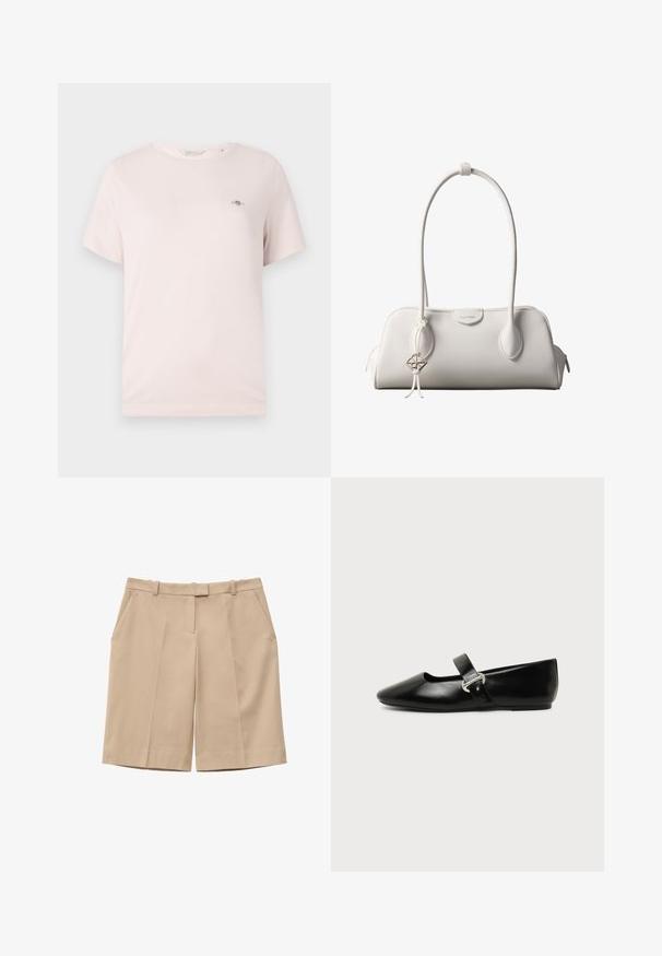 T-shirt en coton rose clair avec col rond, manches courtes et petit logo sur la poitrine. Texture lisse, design décontracté.; Short beige taille haute avec passants de ceinture, plis devant, poches latérales et fermeture éclair dissimulée à l'avant.; Chaussure plate Mary Jane en cuir noir avec bout arrondi et bride à boucle argentée sur fond uni.; Sac à bandoulière blanc Calvin Klein avec longues poignées, forme rectangulaire, fermeture éclair et charm logo décoratif suspendu près de la poignée.