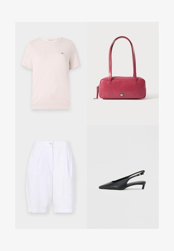 T-shirt en coton rose clair avec col rond, manches courtes et petit logo sur la poitrine. Texture lisse, design décontracté.; Shorts blancs, jusqu'aux genoux, en tissu léger avec un devant plissé et une fermeture à bouton en bois unique à la taille.; Des escarpins à talon ouvert noirs avec un bout pointu, une texture en cuir lisse, un petit talon aiguille, et une sangle avec un accent de boucle en métal.; Sac à main en cuir rose de forme rectangulaire, avec deux anses et un petit emblème en métal sur le devant, présentant une texture lisse et brillante.