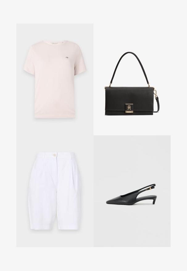T-shirt en coton rose clair avec col rond, manches courtes et petit logo sur la poitrine. Texture lisse, design décontracté.; Shorts blancs, jusqu'aux genoux, en tissu léger avec un devant plissé et une fermeture à bouton en bois unique à la taille.; Des escarpins à talon ouvert noirs avec un bout pointu, une texture en cuir lisse, un petit talon aiguille, et une sangle avec un accent de boucle en métal.; Sac à main en cuir noir texturé avec une poignée supérieure, un fermoir doré présentant un logo TH entrelacé, et une bandoulière détachable.