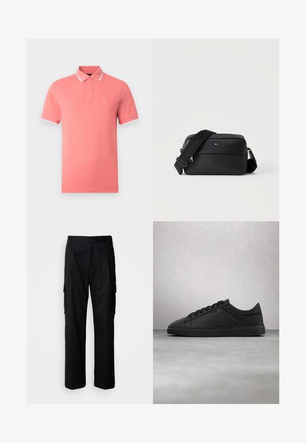 Polo homme rose corail avec bordure blanche au col et aux manches, manches courtes, patte à deux boutons.; Pantalon cargo noir à coupe décontractée, avec poches latérales, fermeture par bouton, et tissu léger et lisse.; Baskets basses en cuir noir avec lacets et logo "BOSS" flottant au-dessus d'un sol en béton lisse près de blocs de verre.; Sac bandoulière en cuir noir texturé avec poche avant zippée et bandoulière large en tissu réglable sur fond blanc.
