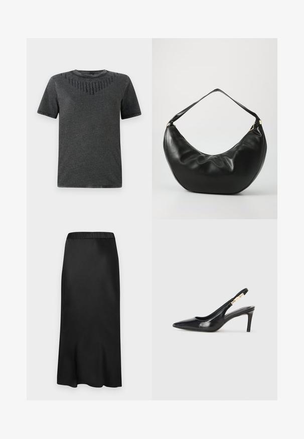 Grå t-shirt med korte ærmer, der har et struktureret design med sorte detaljer på brystet. Lavet af blødt stof, afslappet pasform.; Sort satin midi-nederdel med elastisk talje. Glat tekstur og enkelt design, der taper lidt ved kanten for en flydende silhuet.; Sort læder slingback højhælede sko med spidse tæer, glat overflade og en smal ankelrem med guldfarvede hardware detaljer.; Sort læder skuldertaske med en buet form, blød tekstur og en enkelt rem; har en guldbeslået lynlås og diskret branding.
