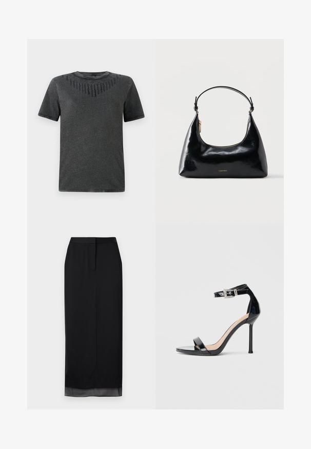 Graues T-Shirt mit kurzen Ärmeln, das ein strukturiertes Design mit schwarzen Verzierungen auf der Brust aufweist. Hergestellt aus weichem Stoff, lässige Passform.; Schwarze lange Skirt aus glattem Stoff. Verfügt über eine gerade Silhouette mit einem subtilen transparenten Saum, einem taillierten Hüftbund und einem Rückenschlitz.; Schwarzer Riemchensandale aus Lackleder mit hohem Absatz und Knöchelriemen. Verfügt über ein minimalistisches Design, offene Zehenpartie und eine Schnalle mit Strassakzenten.; Schwarze, glänzende Calvin Klein Handtasche mit goldfarbenem Reißverschluss und kurzem Trageriemen vor schlichtem weißem Hintergrund.