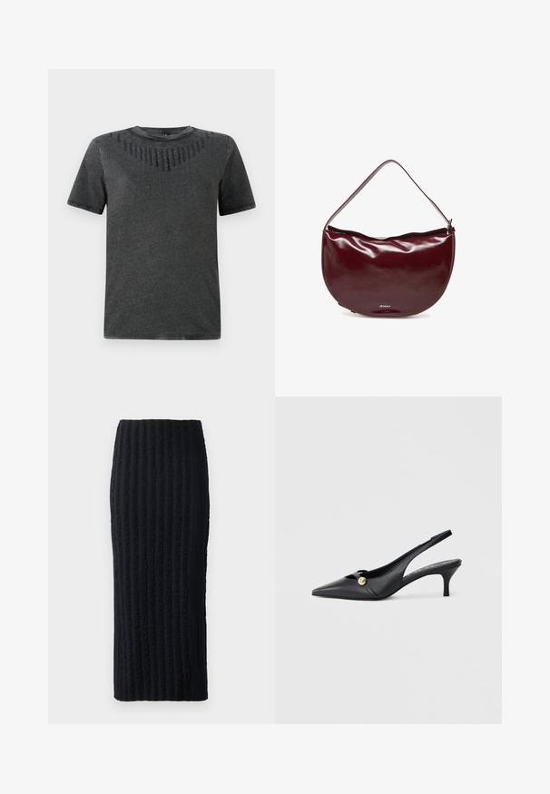 Grå t-shirt med korte ærmer, der har et struktureret design med sorte detaljer på brystet. Lavet af blødt stof, afslappet pasform.; Sort midiskirt med en tekstureret, ribbet design med lodrette linjer. Lavet af et strækbart stof, har den en tætsiddende silhuet og en glat overflade.; Sorte slingback-sko i læder med spids tå, buet hæl og guldbelagt knap på siden. Glat tekstur og minimalistisk design.; Skinnende mørkerød skuldertaske i halvmåneform med enkelt rem og lynlåslukning, lille sølvfarvet mærkenavn "Jenny" på forsiden i midten.