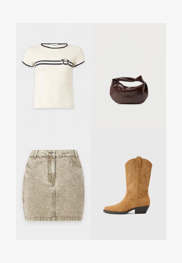 T-shirt jaune clair à manches courtes avec bordure noire aux manches et au col, avec deux bandes horizontales noires et un nœud avec deux étoiles sur la poitrine.; Jupe en denim kaki avec une finition texturée, cinq poches, fermeture à boutons à l'avant et détails cousus le long des bords.; Botte de cowboy en daim beige avec un bout pointu, une couture décorative en motif tourbillonnant, un talon moyen et une languette pour faciliter l'enfilage.; Sac bandoulière en cuir marron foncé avec une forme souple et décontractée et une anse nouée torsadée sur un fond blanc uni.