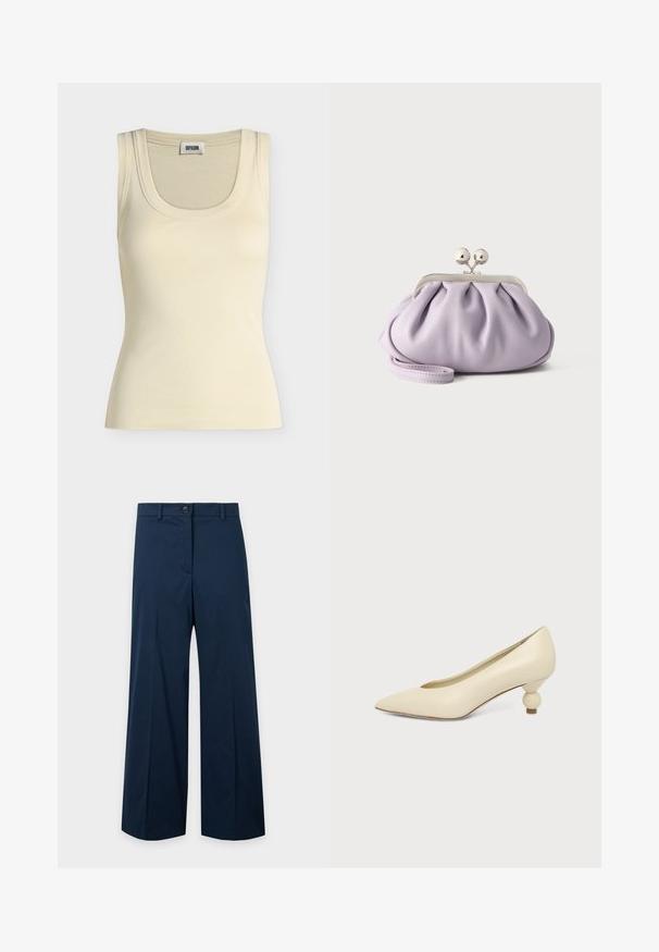 Débardeur côtelé sans manches couleur crème avec encolure ronde et étiquette de marque « Drykorn » visible à l'intérieur du col.; Pantalon large bleu marine avec fermeture bouton et zip, passants de ceinture et plis sur l'avant, sur un fond uni.; Chaussure femme couleur crème à bout pointu avec un petit talon rond en forme de boule, sur fond uni.; Pochette lavande douce avec tissu froncé, fermoir kiss-lock argenté et bracelet assorti sur un fond clair uni.
