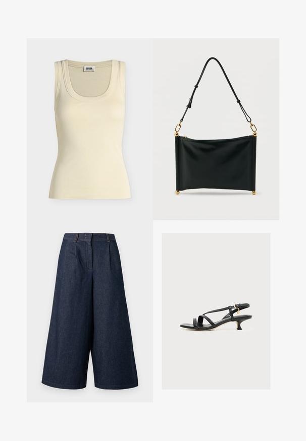 Débardeur côtelé sans manches couleur crème avec encolure ronde et étiquette de marque « Drykorn » visible à l'intérieur du col.; Culottes en denim bleu foncé à jambes larges avec plis devant et passants de ceinture, longueur du genou au mollet, présentés sur un fond clair.; Sandale noire à talon kitten avec brides, bout carré, boucle à la cheville et un petit pendentif doré sur un fond clair uni.; Sac à main rectangulaire en cuir noir avec bandoulière ajustable, ferrures dorées et fermeture éclair, posé verticalement sur un fond blanc.