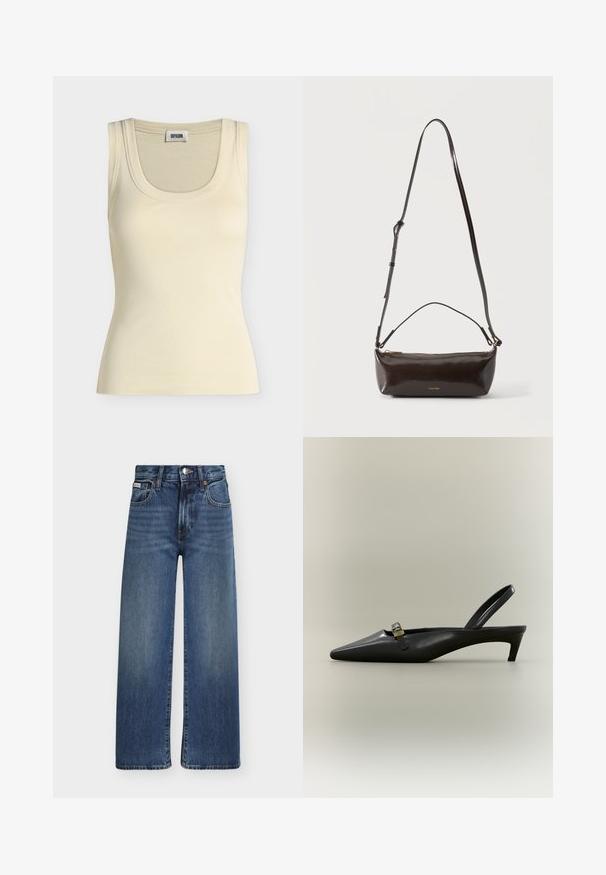 Débardeur côtelé sans manches couleur crème avec encolure ronde et étiquette de marque « Drykorn » visible à l'intérieur du col.; Jean en denim bleu coupe droite avec fermeture devant par bouton et zip, passants pour ceinture, et style cinq poches.; Escarpin slingback en cuir noir avec talon kitten, bout pointu et petite boucle dorée sur un fond uni.; Petit sac à bandoulière en cuir marron foncé brillant avec bandoulière réglable, poignée supérieure et fermeture éclair dorée.
