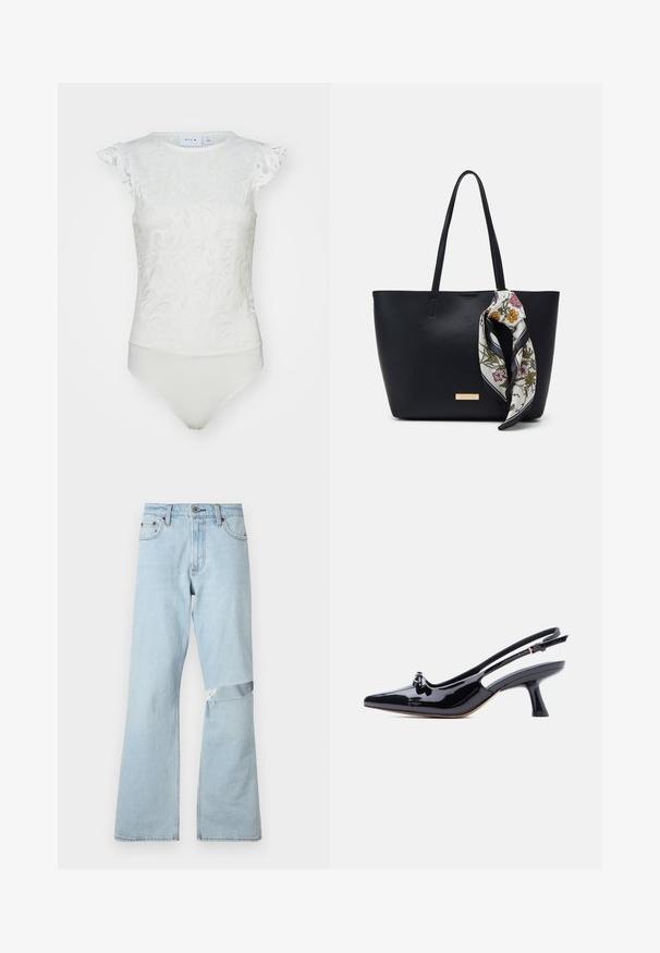 Hvid bodysuit med blomstret blonde mønster, korte voluminøse ærmer og tætsiddende bund med en glat tekstur.; Lysblå denimjeans med flared design, der har et slidtegning på knæet og standard frontlommer.; Sort laklæder slingback-sko med spids tå, lille knudedetalje og udvidet mellemhøj hæl på hvid baggrund.; Sort læder tote taske med to skulderremme, prydet med et blomsterprint silkeslør bundet om håndtaget og en metallisk logo detalje på forsiden.