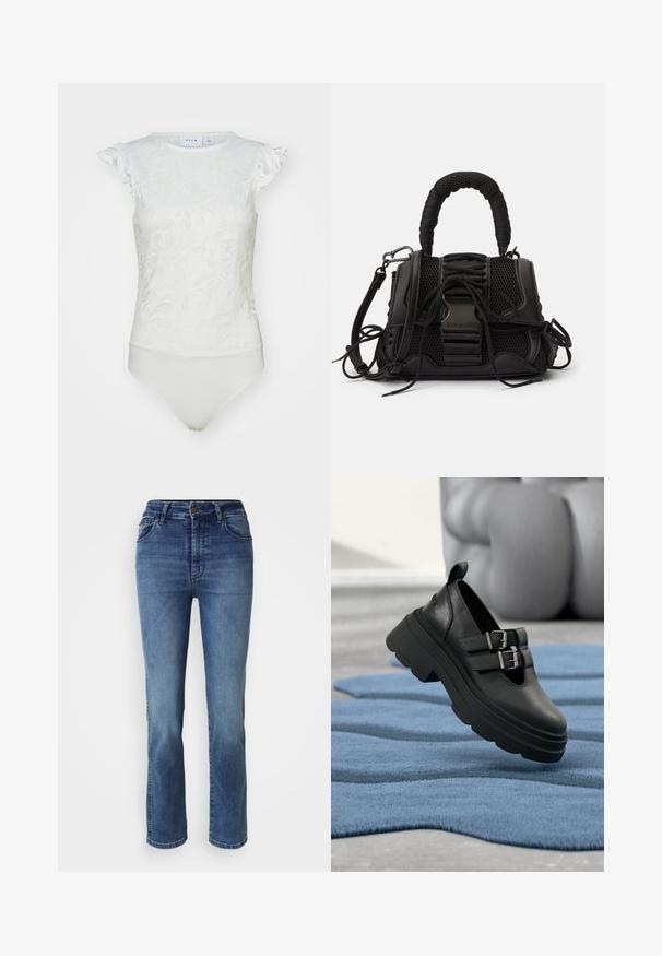 Hvid bodysuit med blomstret blonde mønster, korte voluminøse ærmer og tætsiddende bund med en glat tekstur.; Lyseblå denimjeans med lige ben, fem lommer og høj talje. Har guldfarvet hardware og en glat tekstur.; Sorte lædersko med en kraftig plateau-sål, dobbelte spænde-detaljer og en rundet tå, placeret på et struktureret blåt tæppe.; Sort håndtaske med en netlignende overflade, vævet håndtag og dekorativ snøring. Indeholder aftagelig rem og kontrasterende metaldele.