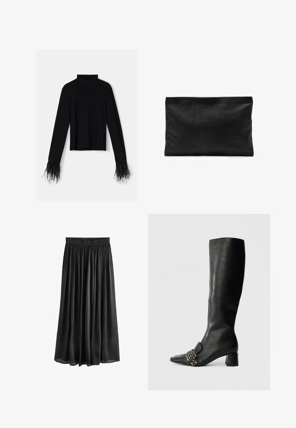 Haut noir à manches longues avec col montant ; orné d'un bord en plumes texturé aux poignets ; fabriqué en tissu doux et extensible.; Jupe noire, longueur genou, avec une taille froncée et un design fluide. Fabriquée en tissu léger, lisse et à la texture douce.; Botte en cuir noir jusque sous le genou avec un bout pointu, des détails de boucle carrée et des clous décoratifs ; elle possède un petit talon carré.; Pochette rectangulaire en cuir noir souple avec une surface lisse et sans quincaillerie ou fermetures visibles.