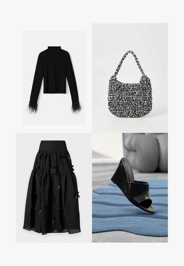 Sort langærmet top med høj hals; har tekstureret fjerkant ved ærmekanterne; lavet af blødt, elastisk stof.; Sister Jane BIRDIE BOW MIDI SKIRT - A-snit nederdel - black; Sort kilehæl mule sko med åben tå på et blåt tekstureret tæppe, sløret grå sofa i baggrunden.; Vævet håndtaske i sort og hvid med en rund form, tekstureret overflade og et fletet håndtag. Velegnet til afslappet brug.