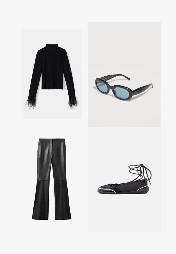 Haut noir à manches longues avec col montant ; orné d'un bord en plumes texturé aux poignets ; fabriqué en tissu doux et extensible.; Pantalons évasés en cuir noir avec une texture lisse, dotés de poches avant et de détails en panneau. Le tissu semble doux et flexible.; Ballerines noires avec une tige texturée et un design à lacets. Accents argentés remarquables et semelle en caoutchouc souple pour plus de flexibilité.; Lunettes de soleil ovales noires avec des verres teintés bleus et des branches épaisses posées sur une surface blanche.