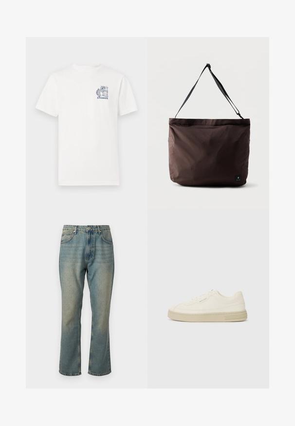 Hvid t-shirt med korte ærmer lavet af bomuld, med et blåt grafisk motiv på brystet af en vaskebjørn ved siden af en skraldespand og teksten "STANCE."; Falmede blå denimjeans med lige ben, fem lommer og knaplukning. Har subtile lettere vaske detaljer.; Hvide kanvas sneakers med en tekstureret gummisål, der har en syet tåhætte og logoaccent på hælen. Simpel snørebåndsdesign.; Brun stof tote-bag med en glat tekstur, justerbar sort rem og sidelomme. Har et lille logo-tag foran.