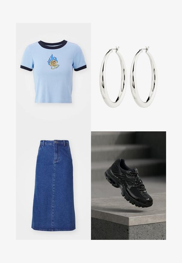 Lichtblauw cropped T-shirt met korte mouwen en een marineblauwe ribboord. Heeft een vlam-geborduurde gele roos en tekst eronder. Zachte stoftextuur.; Donzen rok in donkerblauw, met een getailleerde taille, rechte pasvorm en naden aan de voorkant, met een zoom die onder de knie valt.; Zwarte Nike hardloopschoen met mesh en synthetische bovenkant die boven een betonnen oppervlak en trappen op de achtergrond zweeft.; Zilveren creool oorbellen met een gladde, reflecterende oppervlak. Ronde, grote vorm met een veilige sluiting aan de bovenkant. Gepolijste afwerking toont de glans.