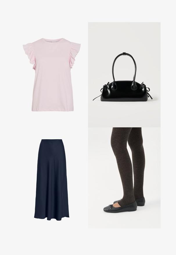 Top de manga corta rosa claro con detalles de volantes en los hombros. Material de algodón suave, escote redondo y un corte relajado con dobladillo recto.; Falda maxi de satén azul marino con una textura suave, cintura alta y silueta fluida. Termina con una ligera curva en el dobladillo.; Piernas con leggings oscuros acanalados combinados con bailarinas negras que presentan pequeños detalles de lazo sobre un fondo blanco.; Pequeño bolso negro brillante con dos asas largas y detalles de cordón lateral sobre un fondo claro liso.