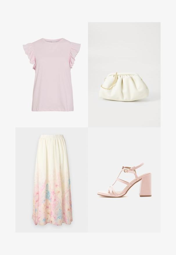 Helles rosa Kurzarmshirt mit Rüschendetails an den Schultern. Glattes Baumwollmaterial, runder Halsausschnitt und entspannter Schnitt mit geradem Saum.; Maxirock in Creme mit elastischem Bund und sanftem pastellfarbenem Blumenmuster in Rosa-, Blau- und Beigetönen am Saum.; Rosa High-Heel-Sandale mit Blockabsatz, Knöchelriemen, Schnallenverschluss und mehreren dünnen Riemchen über dem Fuß.; Weiße Lederhandtasche mit einem gerafften Design, ausgestattet mit einem goldenen Kettenriemen und einer runden Form. Glatte Textur mit sanften Falten und ohne Muster.