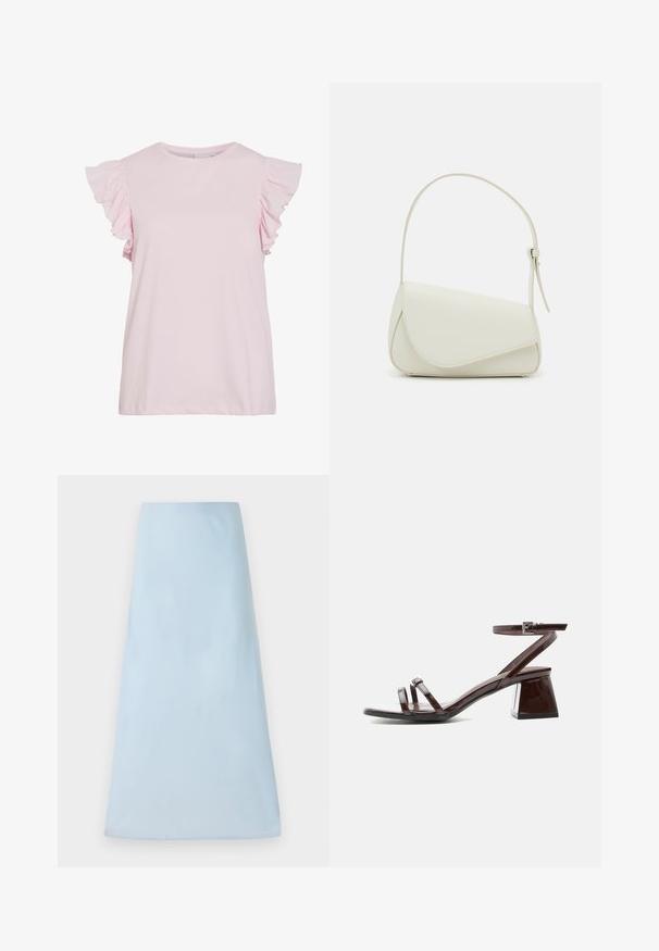 Top de manga corta rosa claro con detalles de volantes en los hombros. Material de algodón suave, escote redondo y un corte relajado con dobladillo recto.; Falda azul claro en línea A, hecha de una tela suave, que presenta un diseño limpio sin patrones ni acentos visibles, llegando a la mitad del muslo.; Sandalia de charol marrón oscuro con tacón bloque, tira en el tobillo con hebilla y dos tiras finas sobre los dedos, sobre fondo blanco.; Bolso de mano de imitación cuero blanco con una forma triangular estructurada, correa ajustable única y cierre con solapa acentuada en curva.