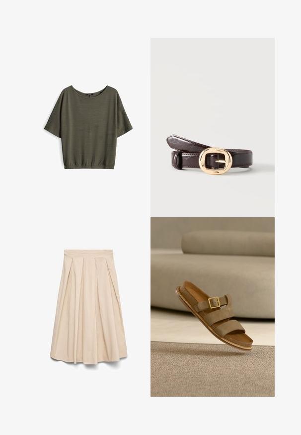 Olijfgroene top met korte mouwen, een losse pasvorm, textuurstof, ronde halslijn en een geraffineerde zoom bij de taille.; Beige midirok met hoge taille en plooien aan de voorkant, uitlopende silhouet en gladde stof.; Bruine suède sandaal met dubbele bandjes en een gouden gesp zwevend boven een beige tapijt in een kamer met neutrale tinten.; Donkerbruine leren riem opgerold met een glanzende gouden afgeronde rechthoekige gesp op een effen lichte achtergrond.