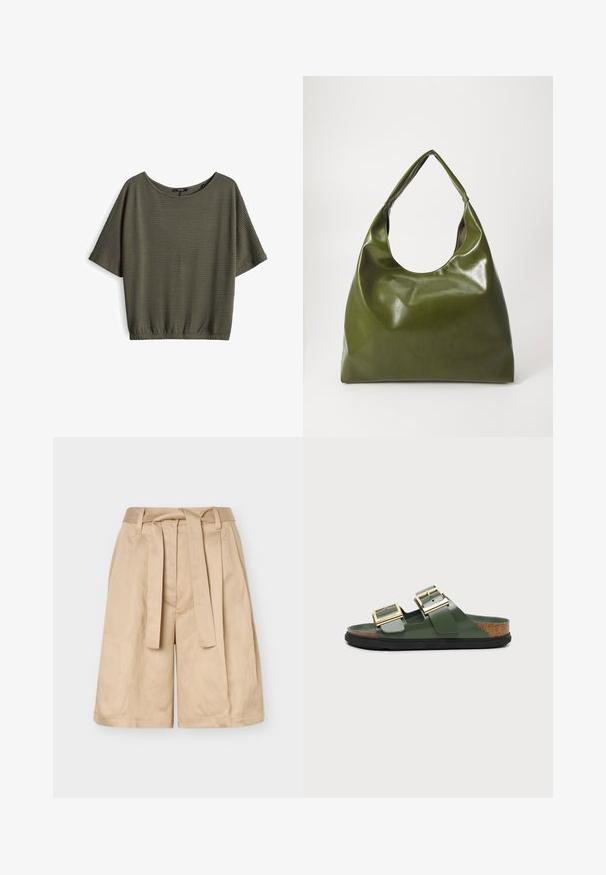Olijfgroene top met korte mouwen, een losse pasvorm, textuurstof, ronde halslijn en een geraffineerde zoom bij de taille.; Beige shorts met hoge taille, riemlussen, een stoffen strikriem en brede pijpen, weergegeven tegen een effen achtergrond.; Groene slippers met twee verstelbare gouden gespen, kurken voetbed en zwarte zool, geïsoleerd op een lichtgrijze achtergrond.; Groene leren hobotas met een slordig ontwerp, gebogen handvat en een gladde textuur. Bevat geen zichtbare hardware of accenten.