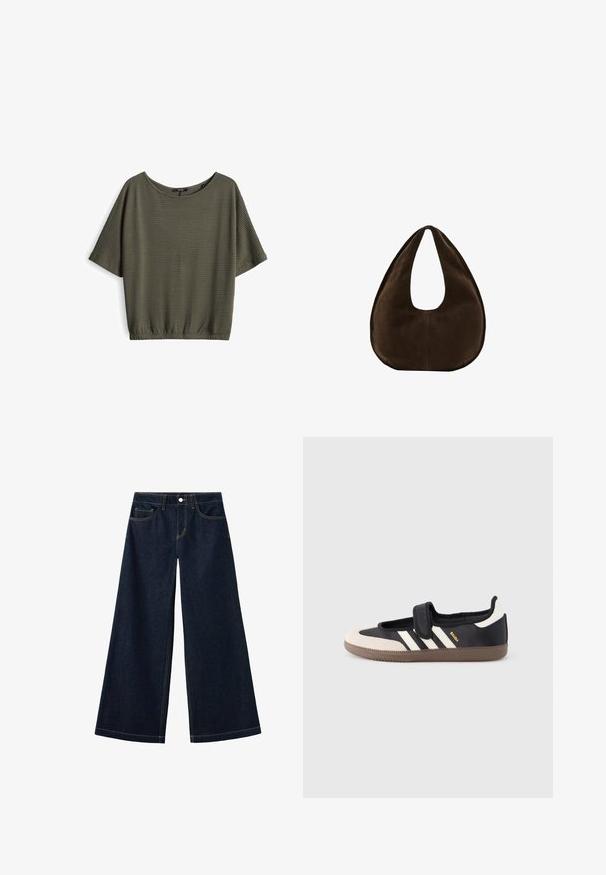 Olijfgroene top met korte mouwen, een losse pasvorm, textuurstof, ronde halslijn en een geraffineerde zoom bij de taille.; Donkerblauwe denim spijkerbroeken met wijde pijpen, voorzien van voorzakken en muntzakje, knoopsluiting en contrasterende stiksels.; Zwart-beige sneaker met een klittenbandsluiting, drie witte strepen aan de zijkant en een getextureerde bruine rubberen zool. Merkembleem zichtbaar.; Donkerbruine suède handtas in halve maanvorm met een enkele brede riem en een gladde textuur op een witte achtergrond.
