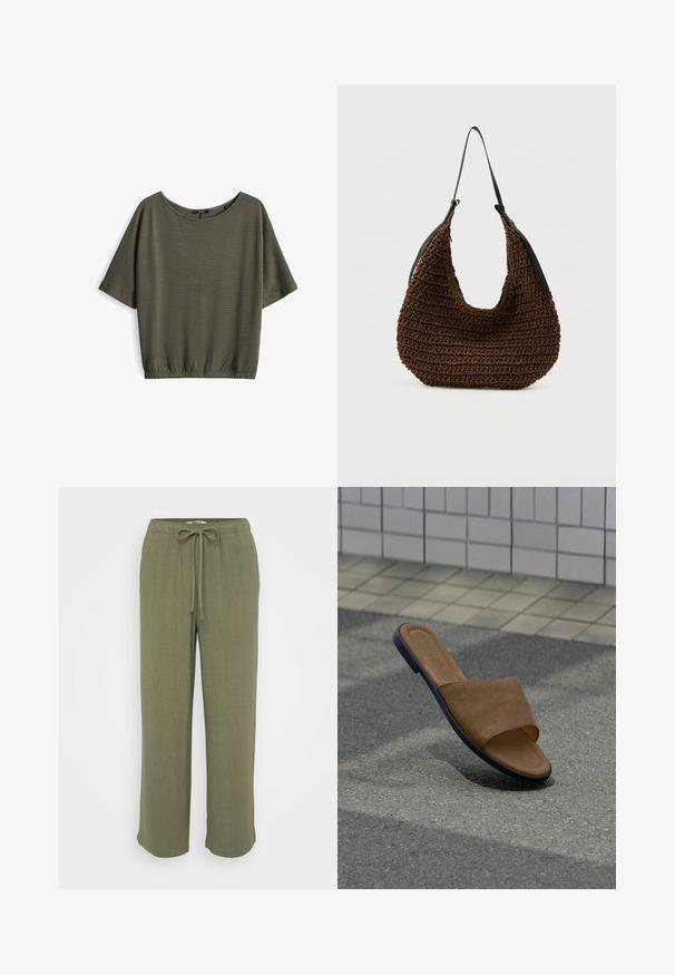 Olijfgroene top met korte mouwen, een losse pasvorm, textuurstof, ronde halslijn en een geraffineerde zoom bij de taille.; ONLY Petite ONLSIESTA PULL UP - Broek - deep lichen green; Bruine suède open-toe slippers met zwarte zool zwevend boven grijs asfalt, nabij een betegelde muur en lichtgekleurde bestrating tegels.; Bruine geweven handtas met een zachte, afgeronde vorm en een enkele smalle zwarte schouderband tegen een effen achtergrond.