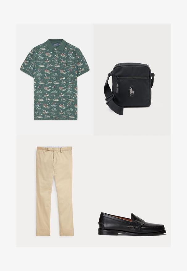 Korte mouwen polo in donkergroene katoen met een schilderachtige print van huizen, boten en bomen; voorzien van een drieknoopsluiting en een geribbelde kraag.; Beige broek met rechte pijpen, ceintuurlussen en een voorrits, plat gelegd tegen een witte achtergrond.; Zwarte leren loafer met lage hak en penny-strap detail, van opzij getoond op een lichtgrijze achtergrond.; Kleine zwarte crossbodytas met voorvak met rits, verstelbare riem en geborduurd logo van een polospeler te paard.