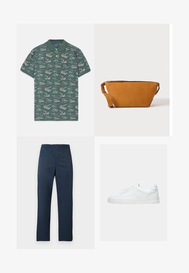 Korte mouwen polo in donkergroene katoen met een schilderachtige print van huizen, boten en bomen; voorzien van een drieknoopsluiting en een geribbelde kraag.; Marineblauwe, lichtgewicht broek met een elastische tailleband en rechte pijpen. Glad oppervlak zonder zichtbare patronen of accenten.; Witte lage sneaker met vetersluiting, glad leren bovenwerk en dikke zool, gezien vanuit de zijkant tegen een effen achtergrond.; Lichtbruine leren crossbodytas met verstelbare band en ritssluiting, getoond tegen een effen lichte achtergrond.