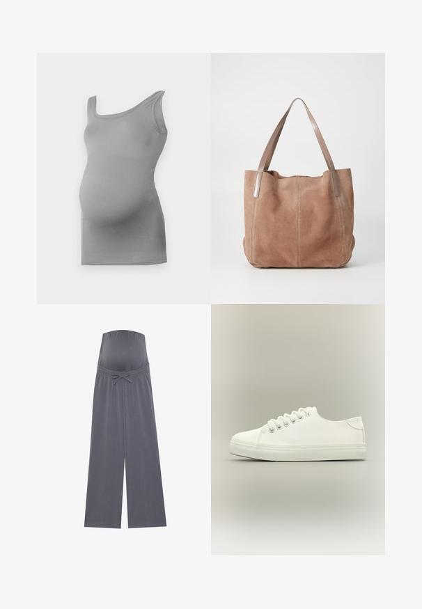 Grå graviditetstop i tanktop-stil lavet af glat, strækbart stof. Har en bred skulderrem og en tætsiddende design, der fremhæver en afrundet mave.; Grå graviditetsbukser med vid bendesign, elastisk talje og justerbar snøre. Lavet af blødt, strækbart stof for komfort.; Hvid lavtop sneaker med hvide snørebånd og gummisål vist fra siden på en neutral baggrund.; Anna Field by Zalando LEATHER - Shopping bags - taupe