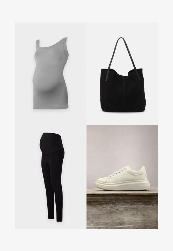 Sivý tehotenský tank top vyrobený z hladkej, elastickej látky. Má široký ramenný pás a priliehavý dizajn, ktorý zvýrazňuje zaoblené bruško.; Čierne tehotenské legíny s vysokým, priliehavým pásom a vreckami, vyrobené zo elastického, hladkého materiálu pre pohodlie a oporu.; Biely kožený tenisky s okrúhlou špičkou, hladkou textúrou a kontrastnými šnúrkami. Má ventilačné otvory a hrubú gumovú podrážku pre pohodlie.; Čierna semišová taška cez rameno s dvomi dlhými, plochými koženými popruhmi. Obsahuje zakrivený horný okraj a viditeľné stehy po prednej strane. Bez kovových akcentov.