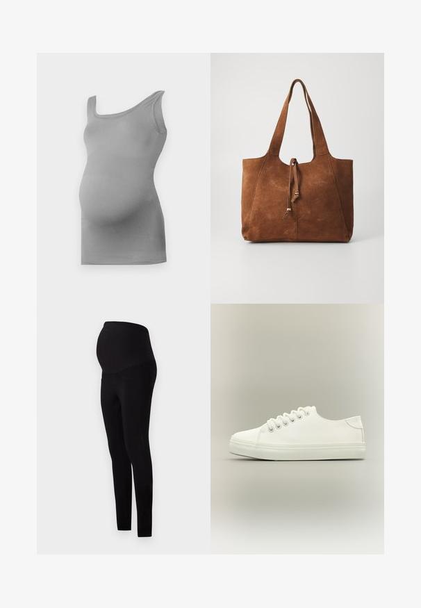Top de maternidad gris, fabricado con un tejido suave y elástico. Cuenta con una tira ancha en el hombro y un diseño ajustado que resalta la barriga redonda.; Leggings de maternidad negros con una cintura alta y ajustada y bolsillos, hechos de una tela elástica y suave para mayor comodidad y soporte.; Zapatilla blanca baja con cordones blancos y suela de goma mostrada desde vista lateral sobre un fondo neutro.; Bolso tote de ante marrón con dos asas largas, cierre de cordón y textura suave. Presenta un diseño sencillo y acentos mínimos.