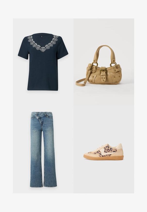 Marineblaue T-Shirt mit kurzen Ärmeln und V-Ausschnitt. Mit einem weißen gestickten geometrischen Muster um den Ausschnitt. Strukturiert Stoff.; Hellblaue Jeans aus Denim mit weitem Bein, hoher Taille, leichter Verblassung und Knopfverschluss vorne. Verfügt über fünf Taschen und minimale Nähte.; Löwenmuster-Sneaker mit beige Wildleder-Obermaterial, tanfarbener Gummisohle und weißen Akzenten. Runde Zehenform und Schnürdesign mit strukturiertem Finish.; Beige Lederhandtasche mit doppelten Griffen, Messingschnalle und Nieten, sowie verstellbarem Schultergurt vor weißem Hintergrund.