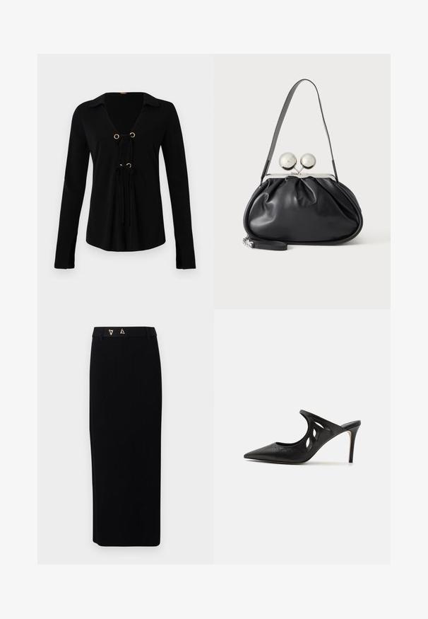 Sort langærmet skjorte med V-hals, gyldne øskner og justerbare snore foran. Lavet af blødt stof med en glat tekstur.; AERON FORUM - Pencil skirt - black; Sorte læder højhælede mules med spids tå, udskåret sideskærm og glat tekstur. Stiletthæl og subtil syning.; Sort læderhåndtaske med opsamlet design, en enkelt rem, sølv metalramme og to store runde sølv lukninger.