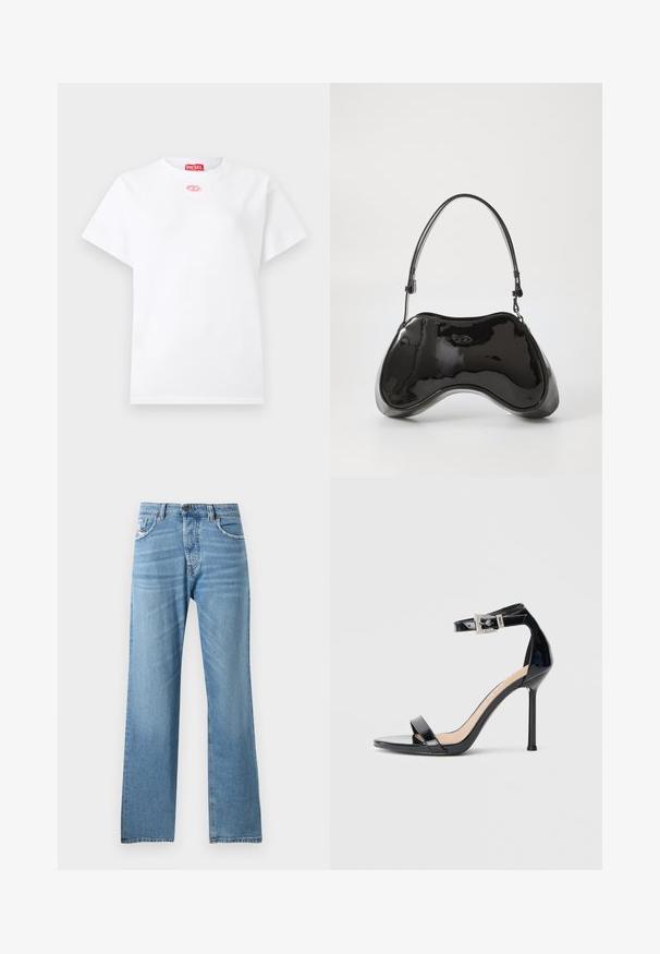 Hvid kortærmet T-shirt med rund hals og lille pink oval logo under kraven samt rød Diesel mærke indeni i nakken.; Lyseblå denimjeans med lige ben-design, der har en standard talje, fem lommer og subtilt slid på stoffet.; Sort højhælet sandal i laklæder med ankelrem. Har minimalistisk design, åben tå og spænde med rhinsten-detaljer.; Sort patentlæder håndtaske med en unik buet form, kort justerbar hank og en lynlåslukning i toppen. Glat tekstur med diskret branding.