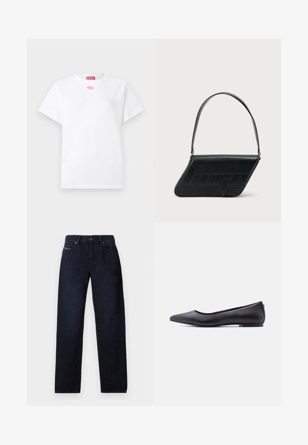 Hvid kortærmet T-shirt med rund hals og lille pink oval logo under kraven samt rød Diesel mærke indeni i nakken.; Mørkeblå straight-leg jeans med forlommer, bæltestropper og knaplukning, lagt fladt på hvid baggrund.; Sort flad lædersko med spidst tåparti og lav hæl, vist i sideprofil mod en hvid baggrund.; Sort skuldertaske i læder med trekantet form, præget logo og en enkelt justerbar rem. Minimalistisk design med glat tekstur.
